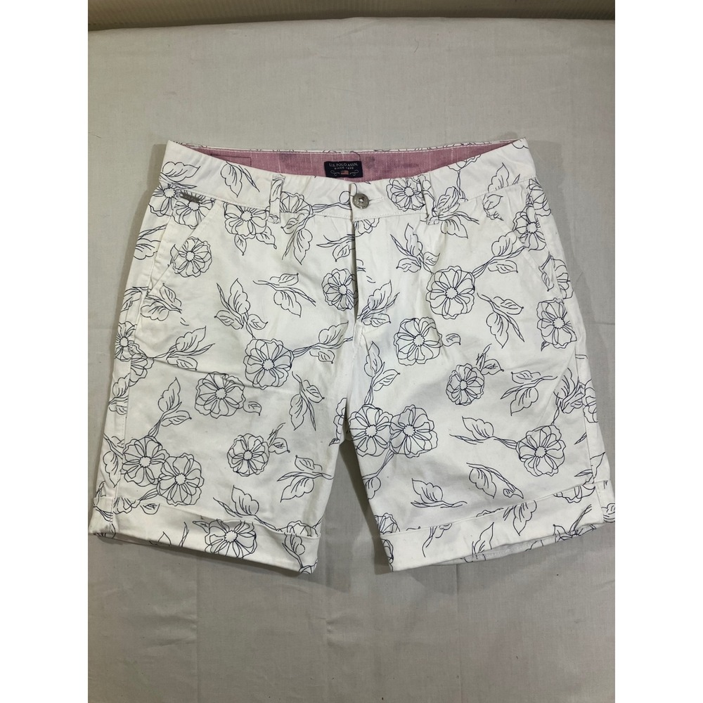 US Polo Assn Womens‎ White Navy Floral Bermuda Shorts Size 10 Regular Cotton